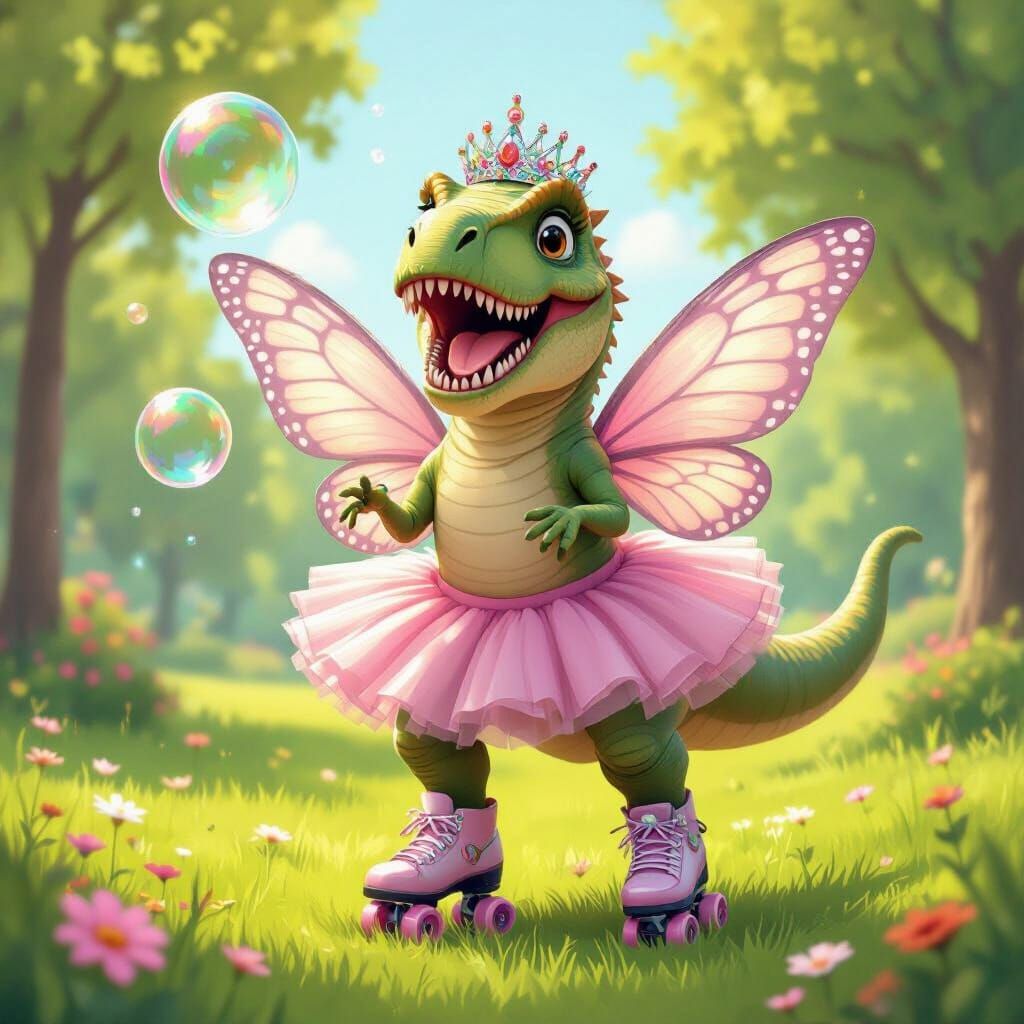 T-Rex in Tutu and Wings Chasing Bubbles in Park