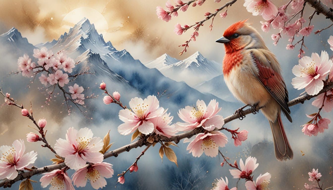 Kirschblüte mit Vogel