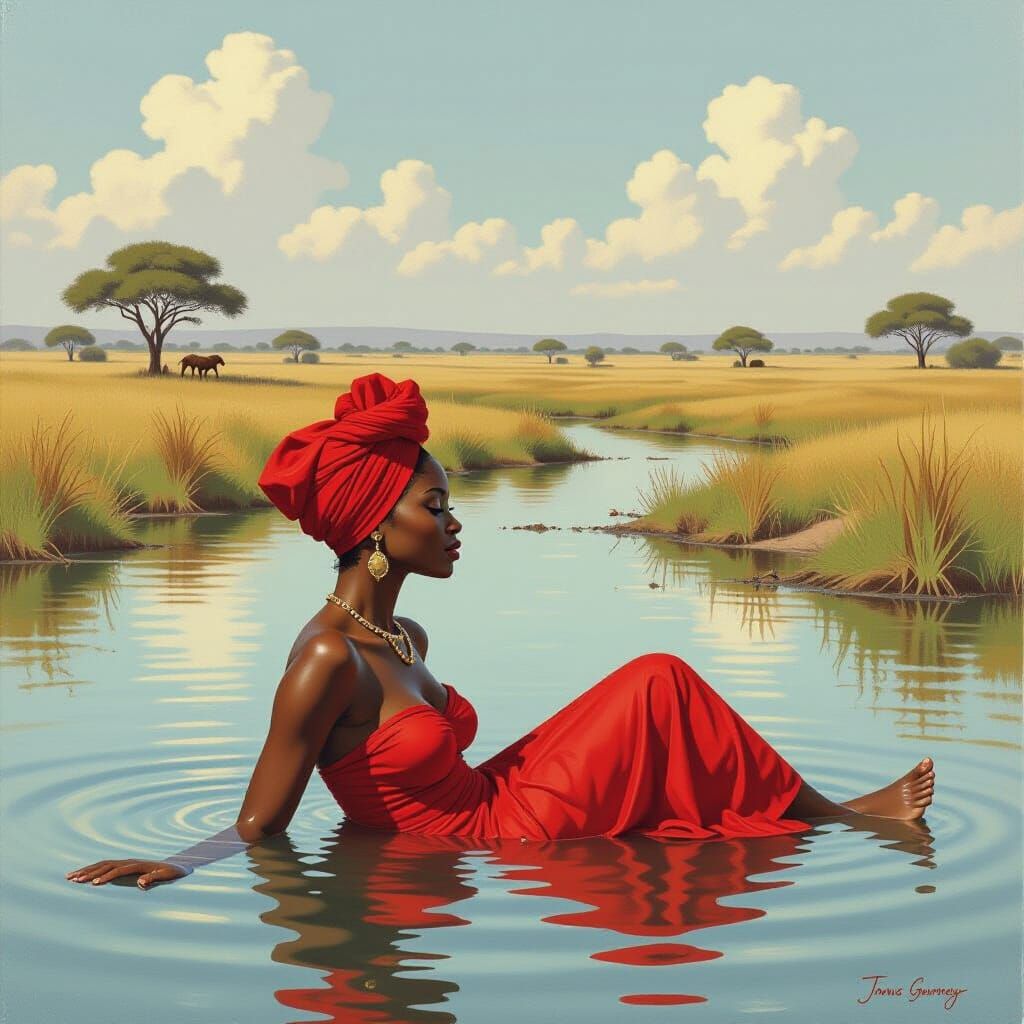 Elegant Woman Bathes in African Savanna River