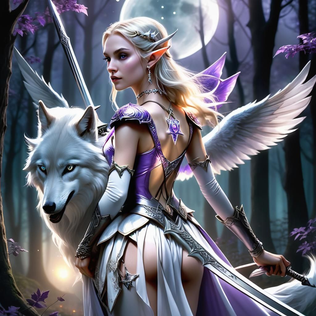 Elf Girl on Wolf in Magical Forest, Fantasy Art