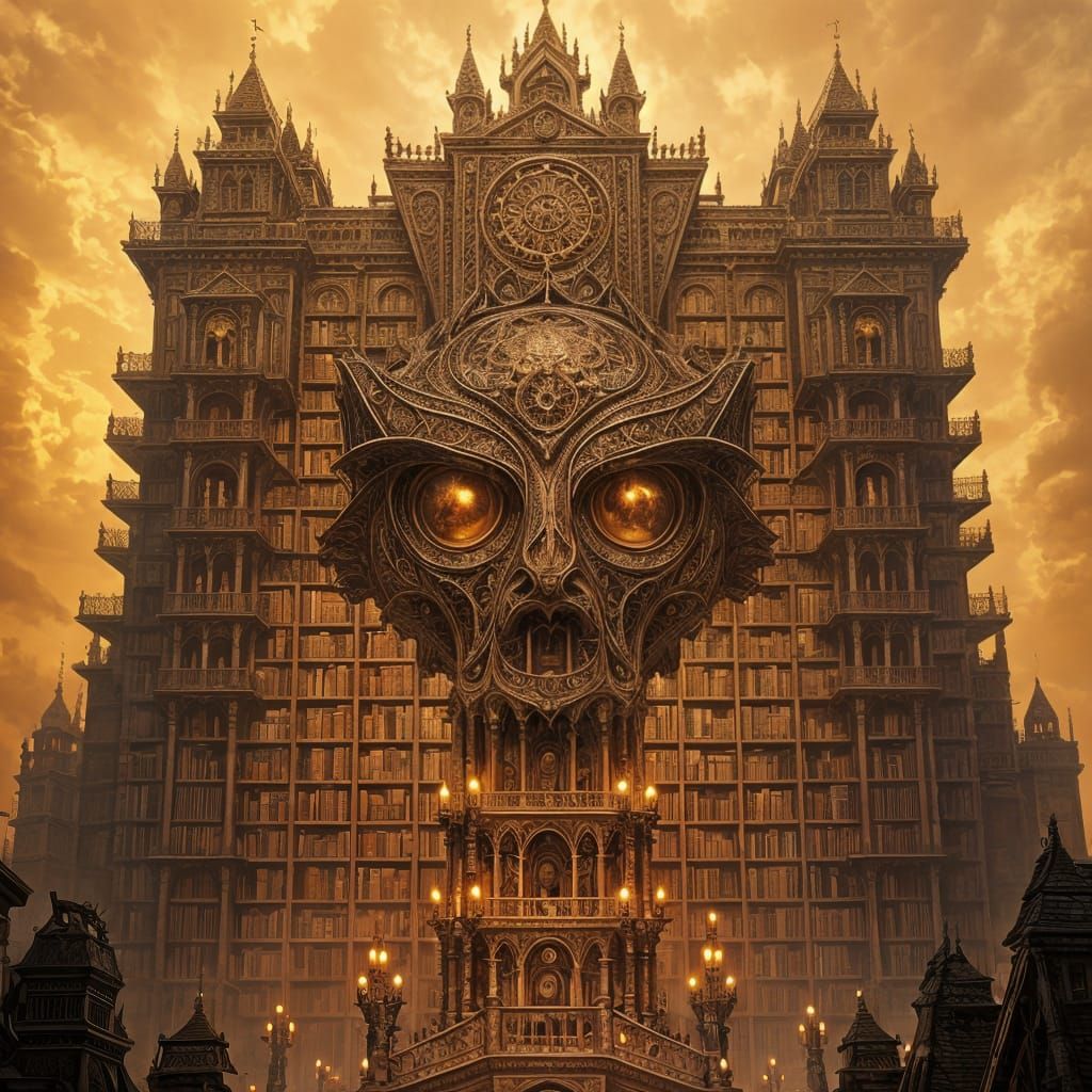 Intricate Maximalist Bookshelf Face in Epic Cinematic Style