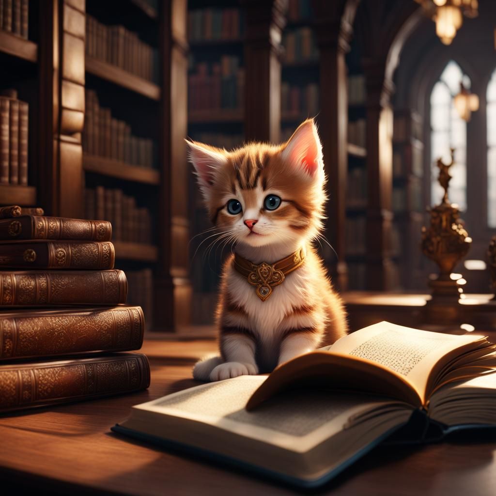 Cute Kitten Reads Book: Detailed Matte Painting