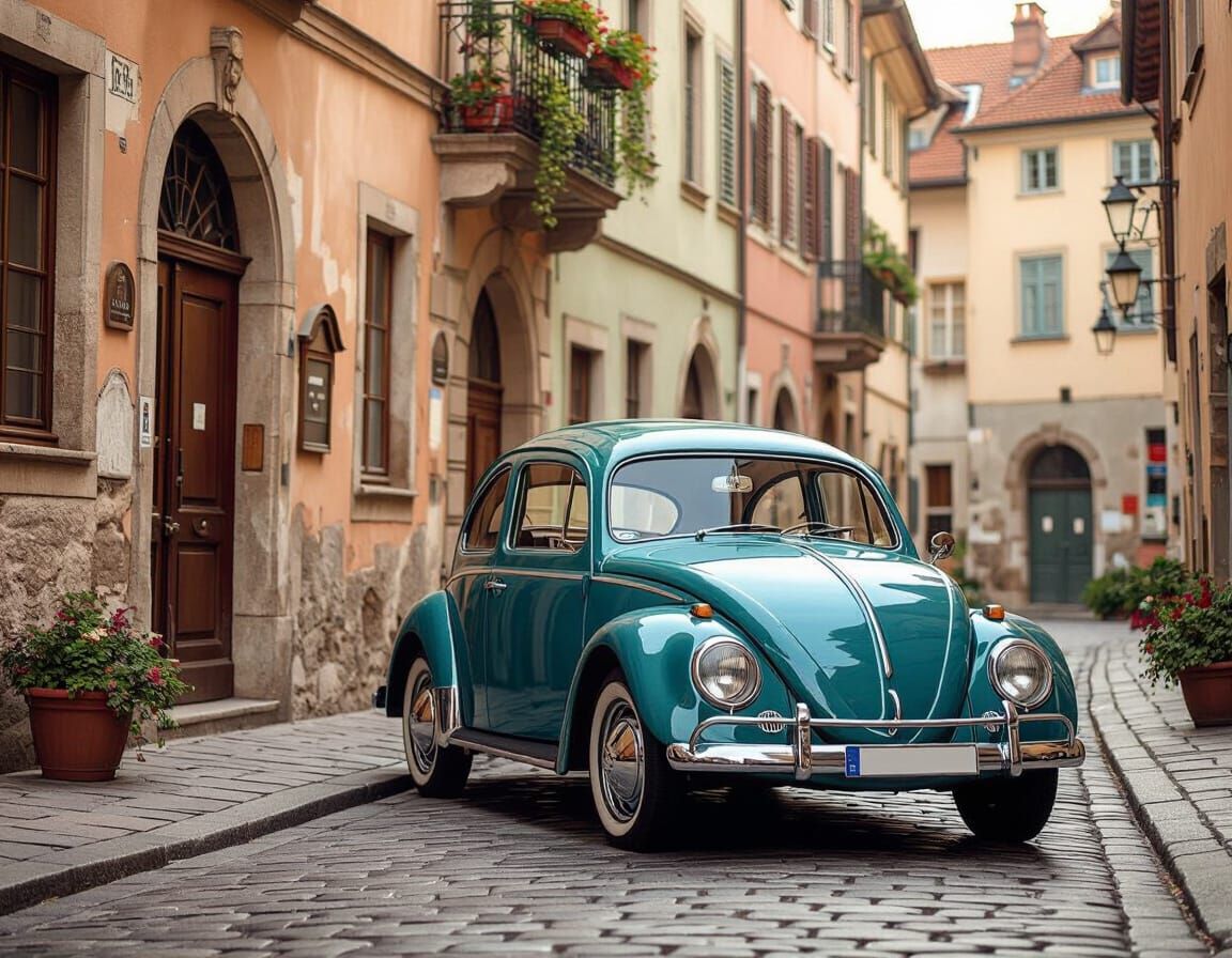 Vintage VW Beetle on Cobblestone Street