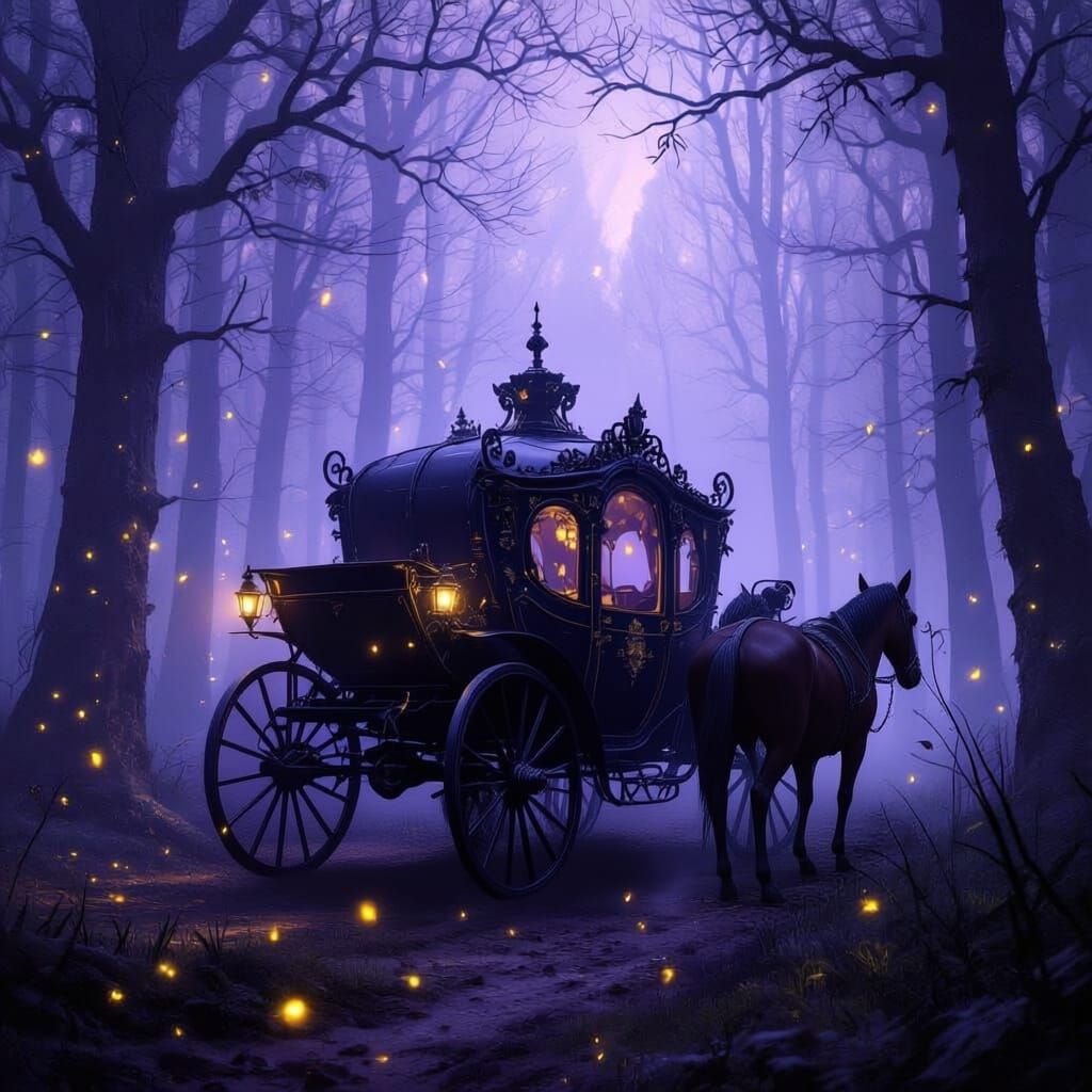 Gothic Carriage in Ethereal Forest with Fireflies
