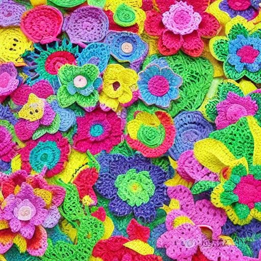 Crocheted Felix the Cat with Floral Background