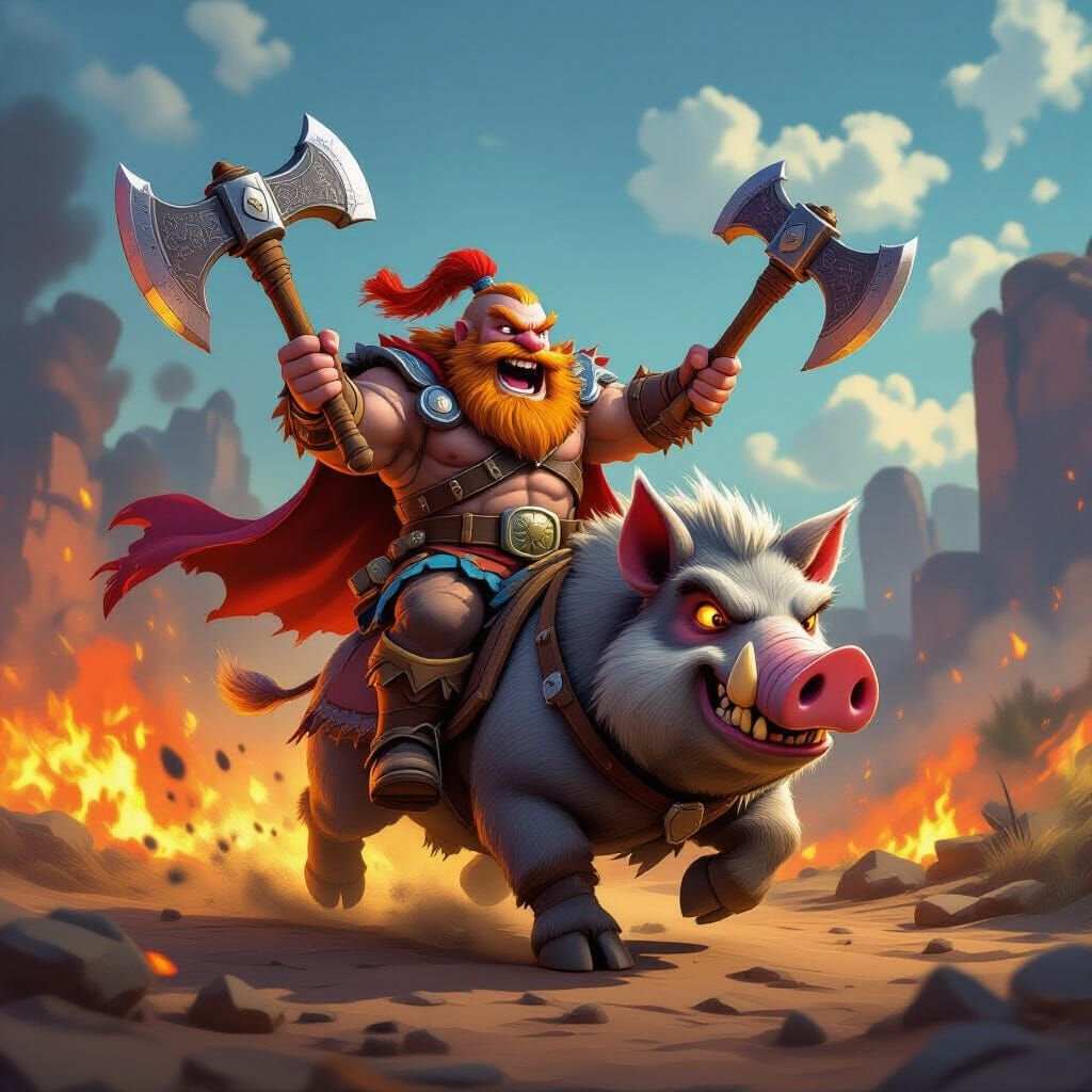 Clash Royale Berserker Rides Hog Rider in Fiery Arena
