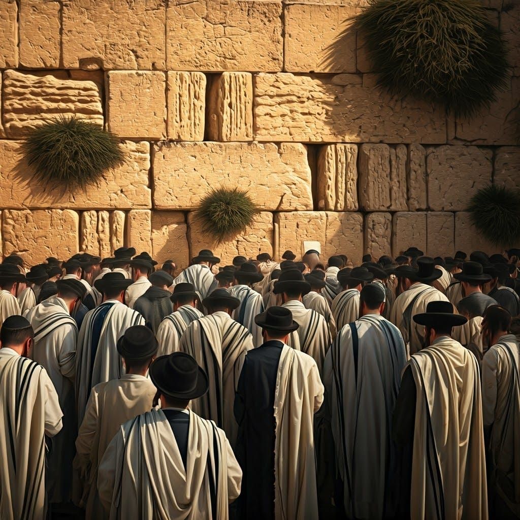 Orthodox Jewish Men Pray at Western Wall in Jerusalem with F...