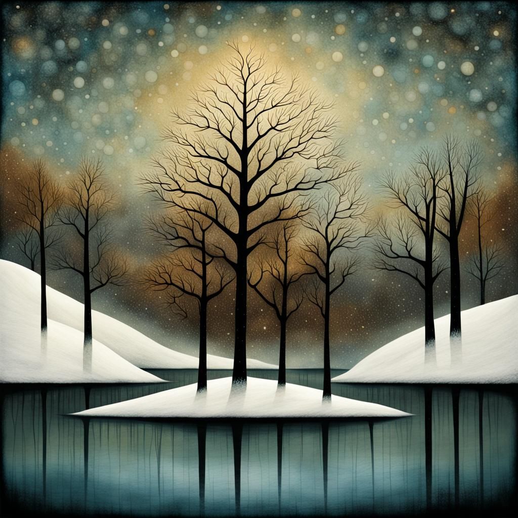 Enchanted Snowy Riverscape in Folk Art Style