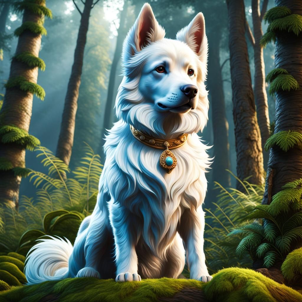 Hyperrealistic Dog Portrait in Atmospheric Woodland