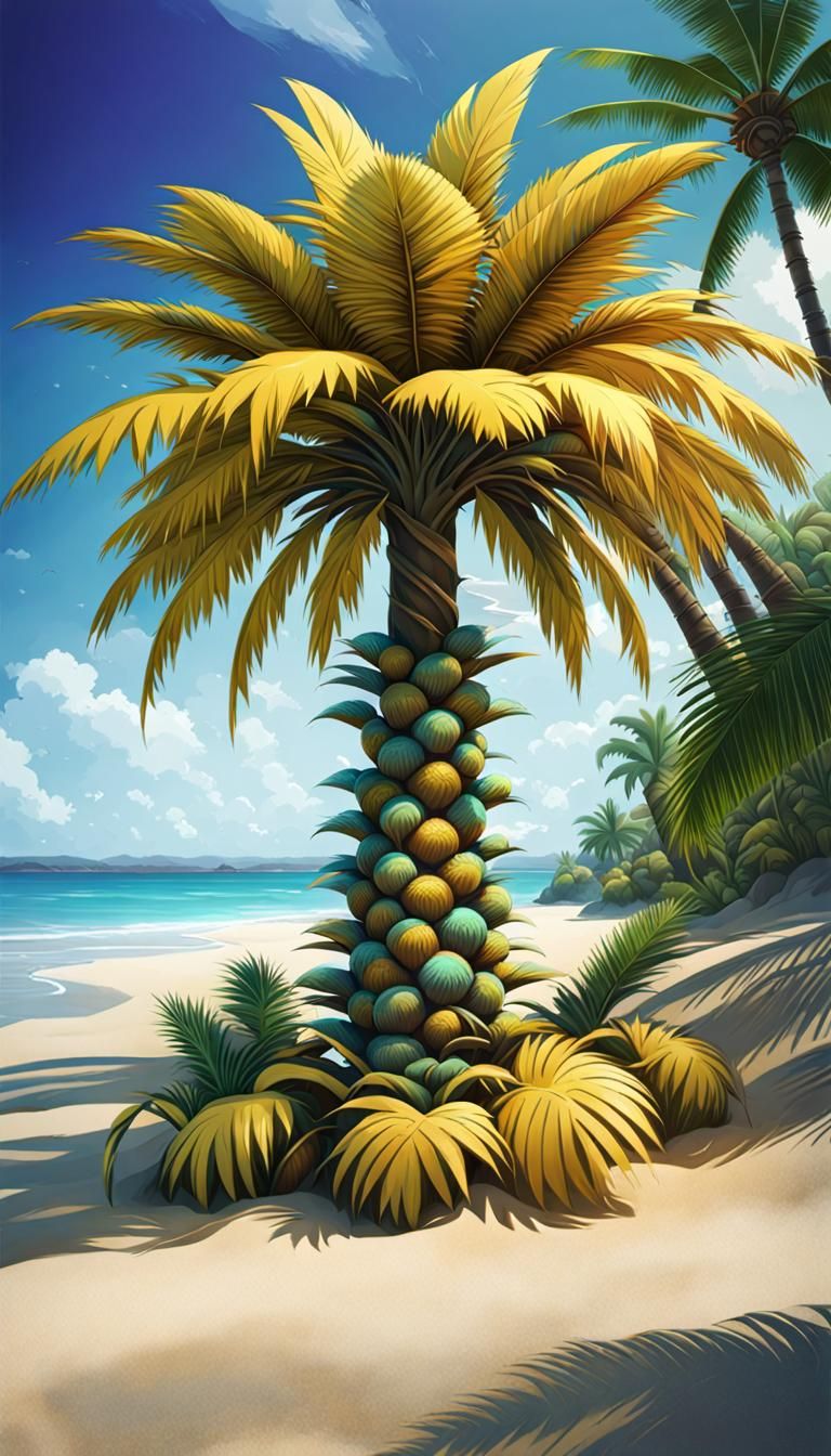 Alolan Exeggutor on Tropical Beach, Detailed Illustration