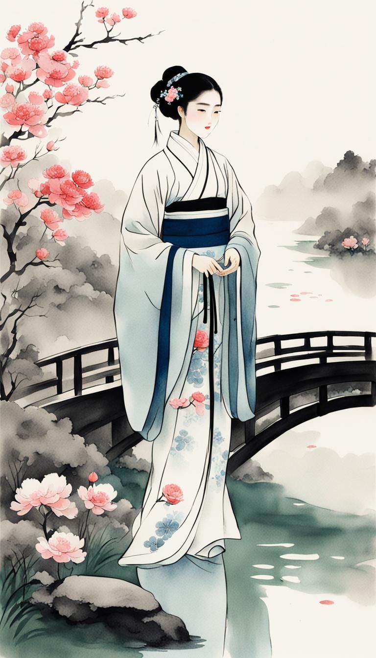 Girl in Hanfu by Pond: Chinese Ink Painting