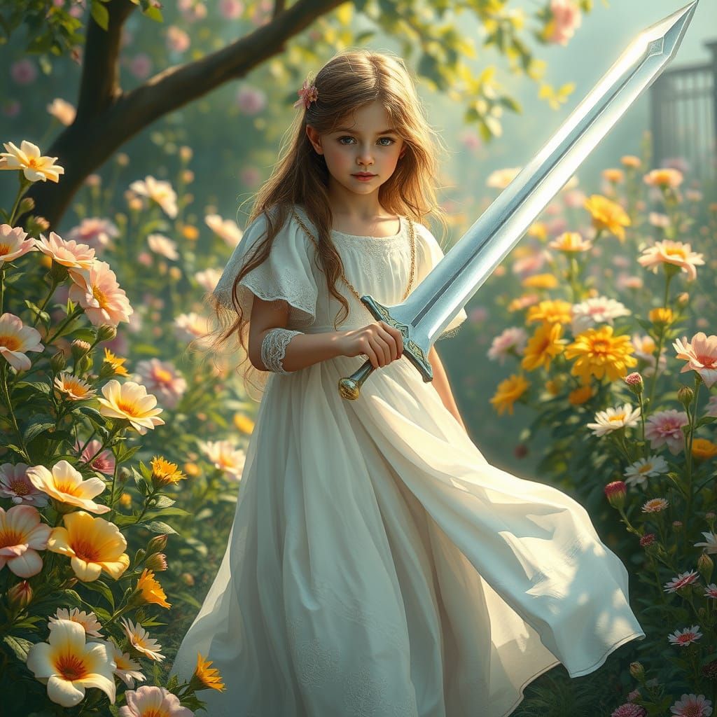 Girl in Photorealistic Garden Scene with Sword