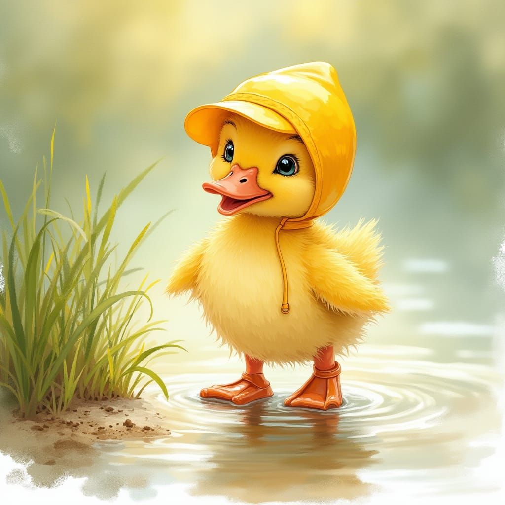 Duckling's First Steps: Impressionistic Watercolor