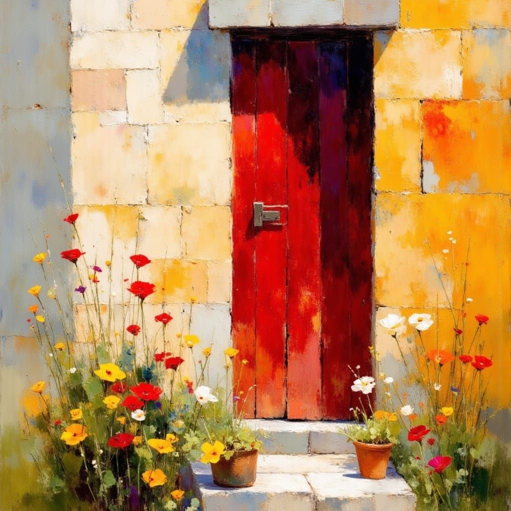 Surreal Red Door in Earthly Impressionist Style