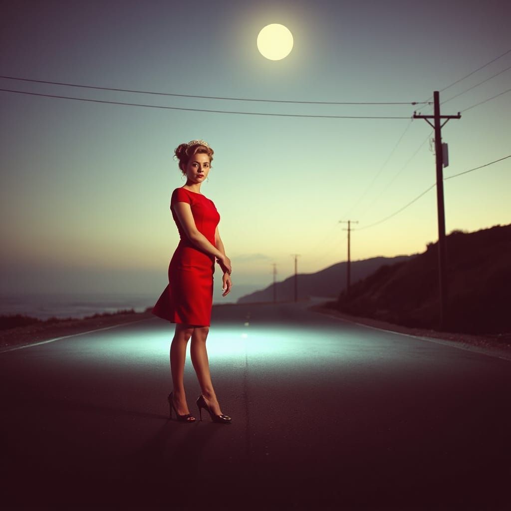 Vintage Beauty Queen on Deserted Coastal Road at Dusk