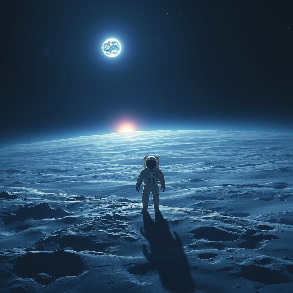 Astronaut Views Earth From Dark Lunar Surface