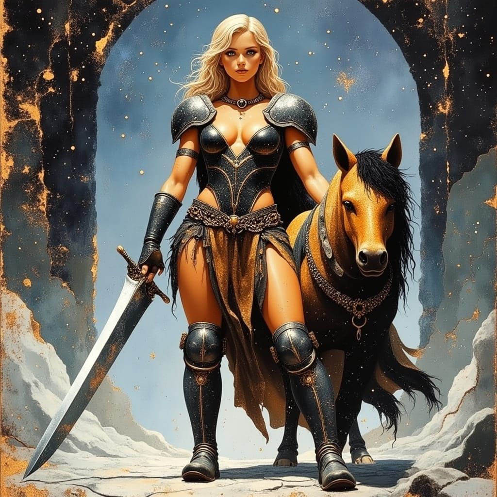 Brunhilde on Pegasus in Galaxy, Divine Oil Painting