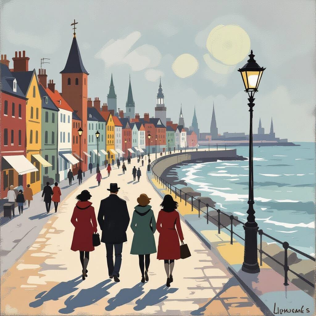Seaside Promenade in Lowry-Inspired Stick-Figure Style