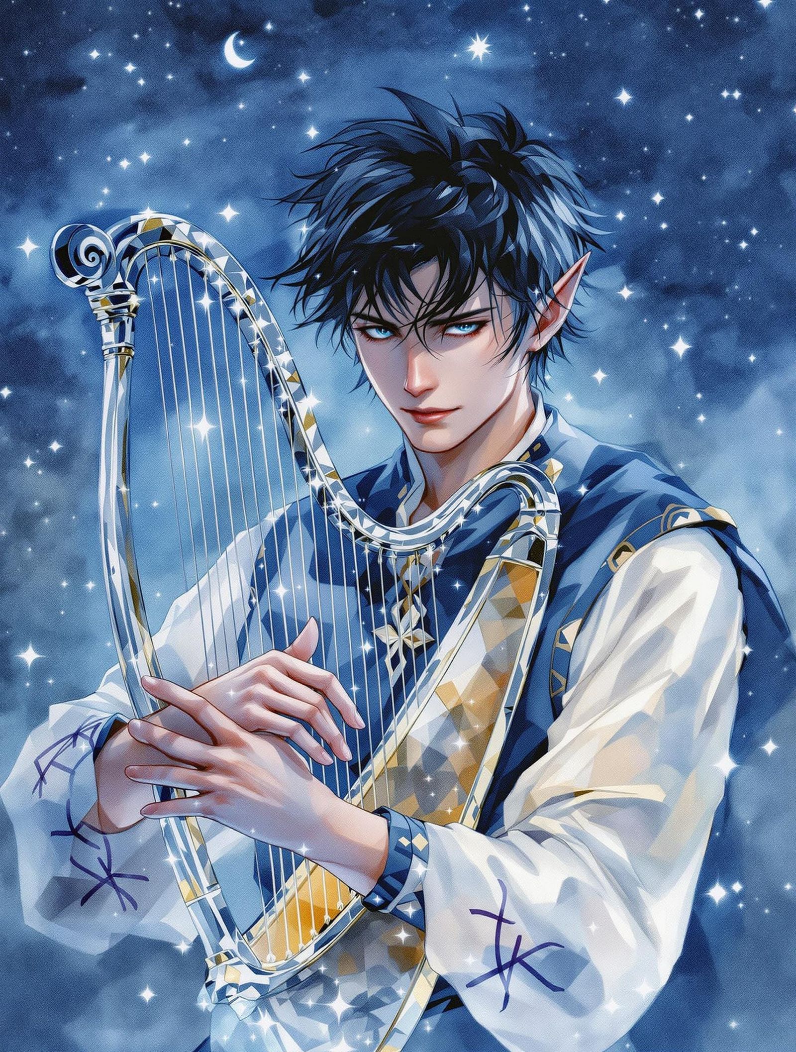 Ethereal Nighttime Bard in Watercolor