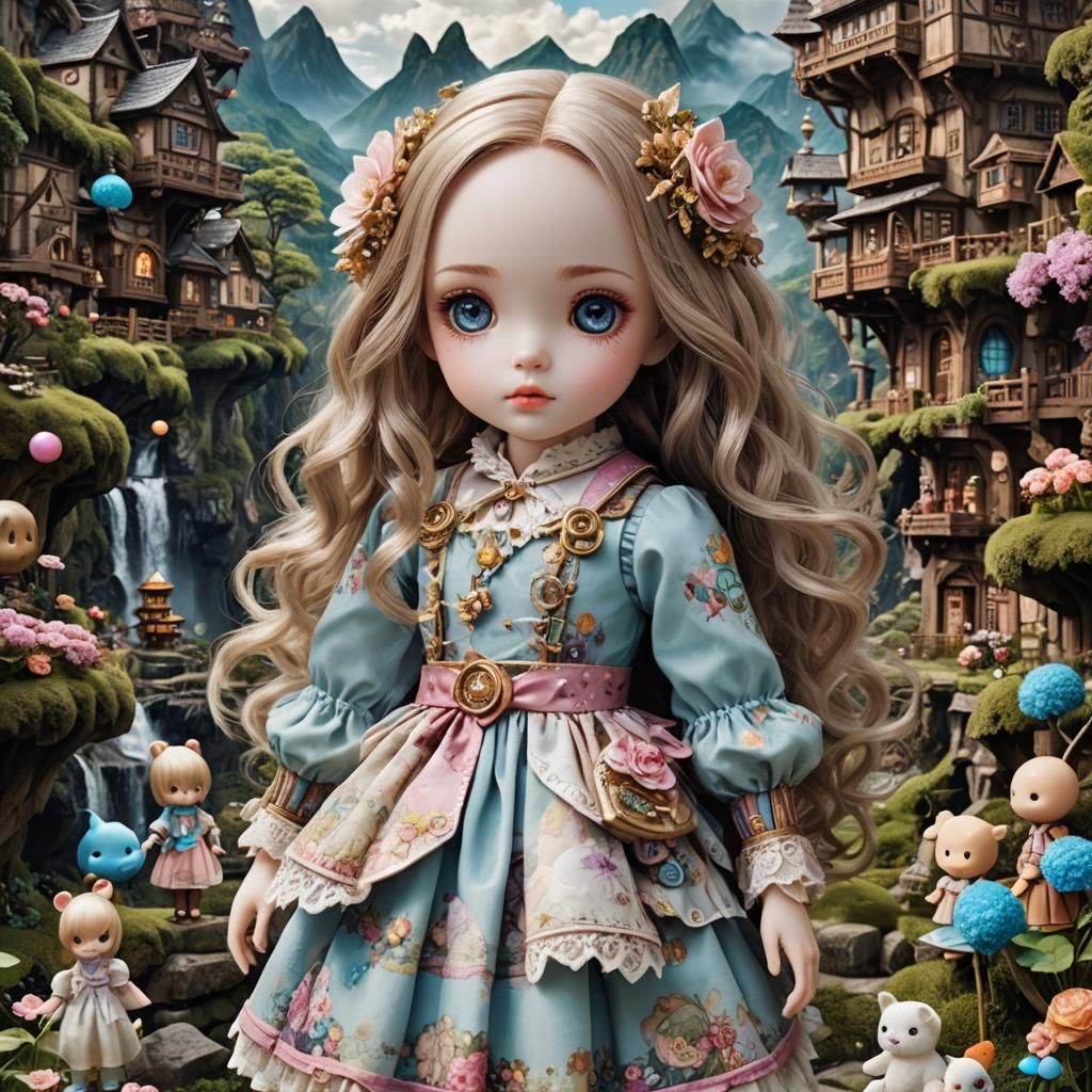 Kawaii Doll in Fantastical Realm: Hyper-Realistic Adventure