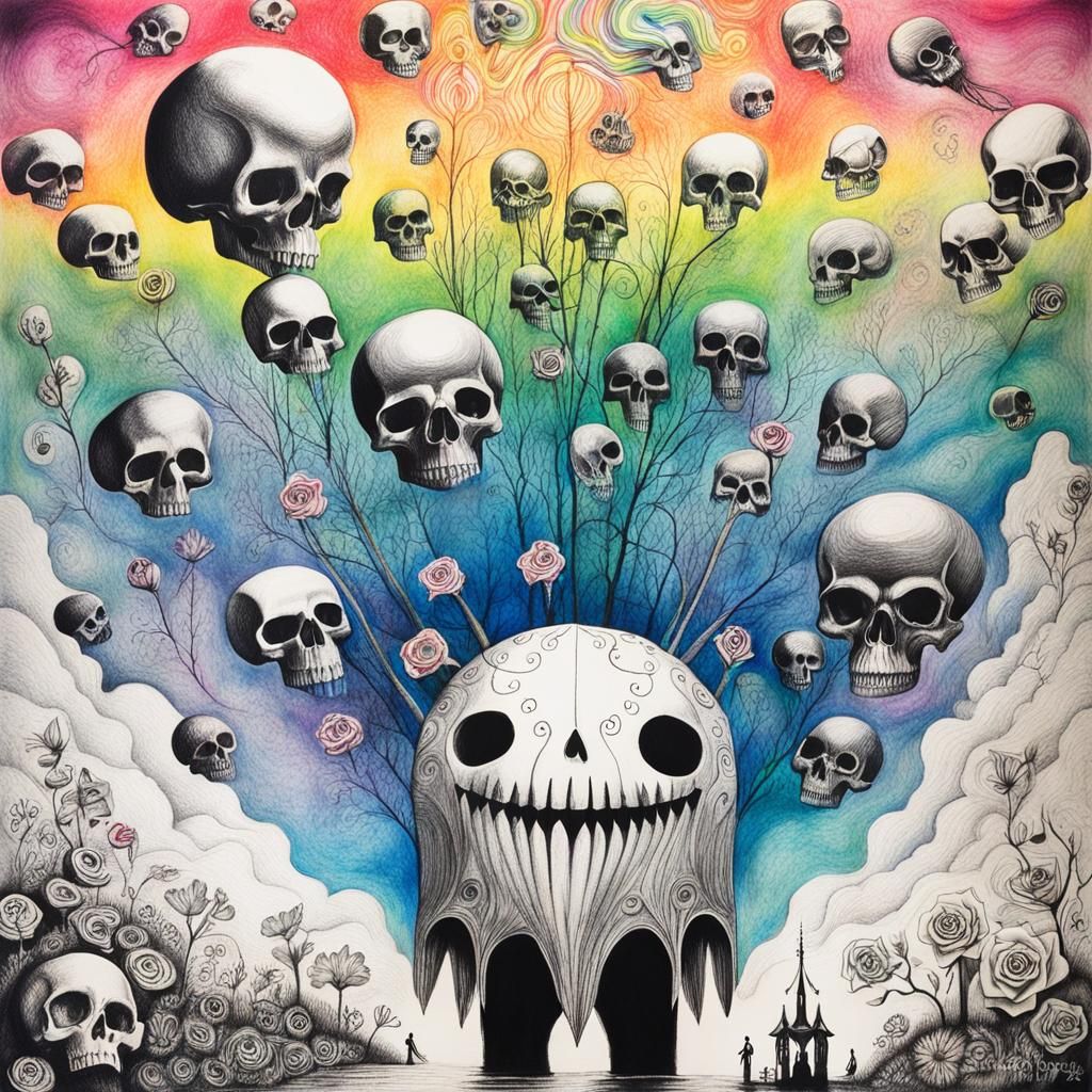 Gothic Woman in Surreal Crayon Drawing with Fairy