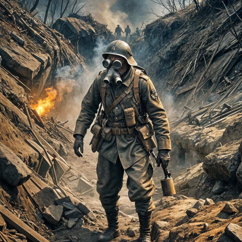 WW1 German Soldier in Trench with Gas Mask