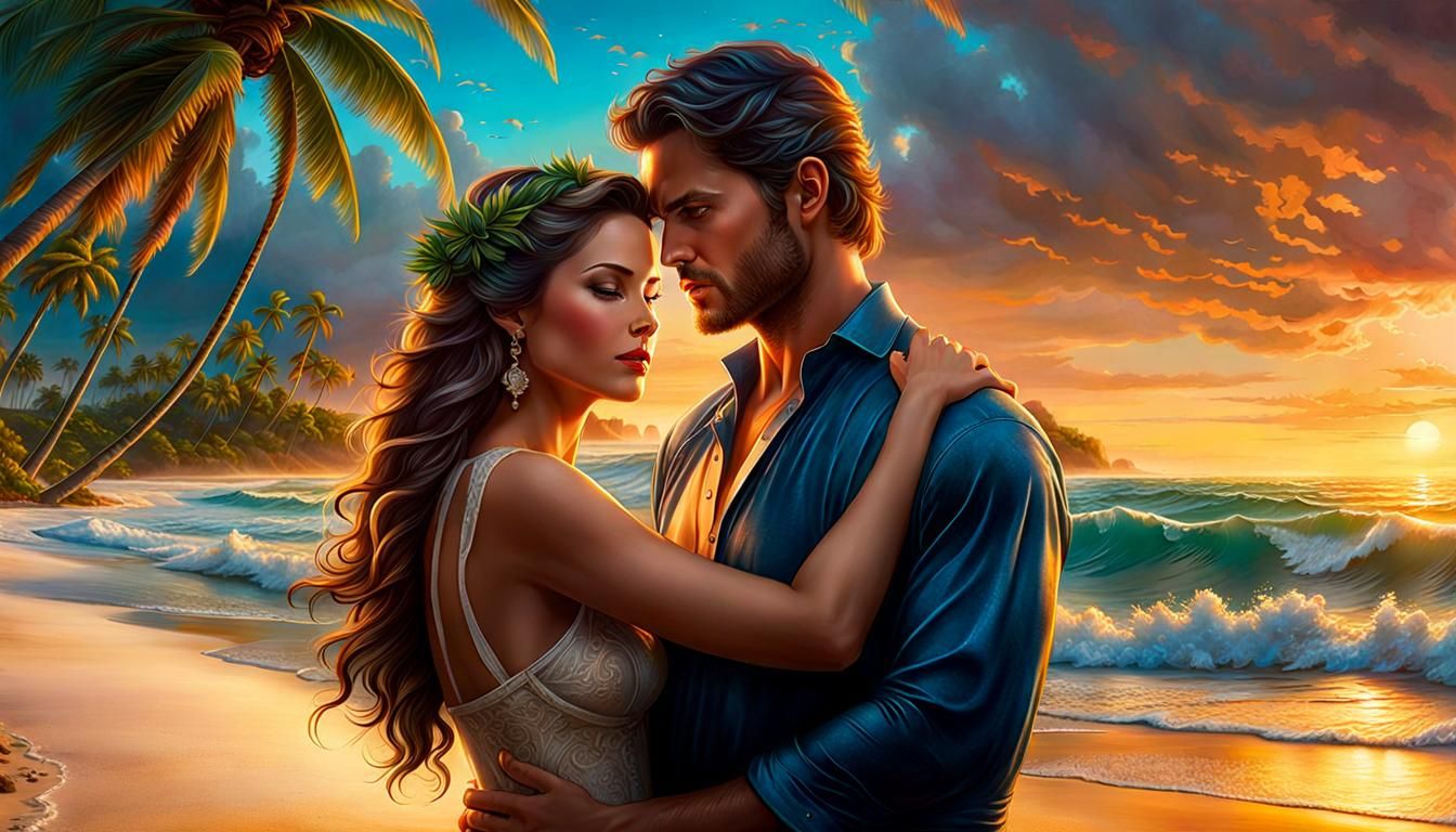 Tropical Beach Sunset Embrace: A Digital Masterpiece
