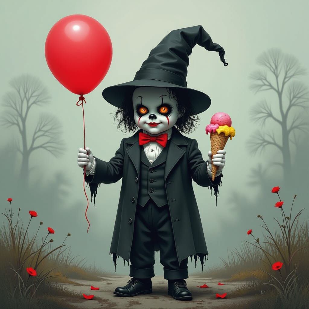 Babadook with Balloon in Gothic Whimsy Style