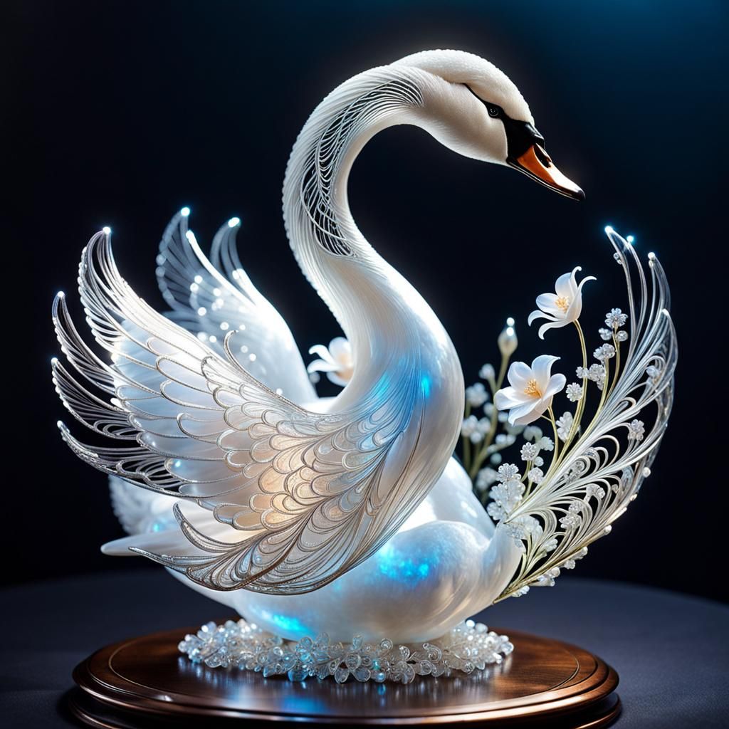 Ethereal Bioluminescent Swan Sculpture on Black Background