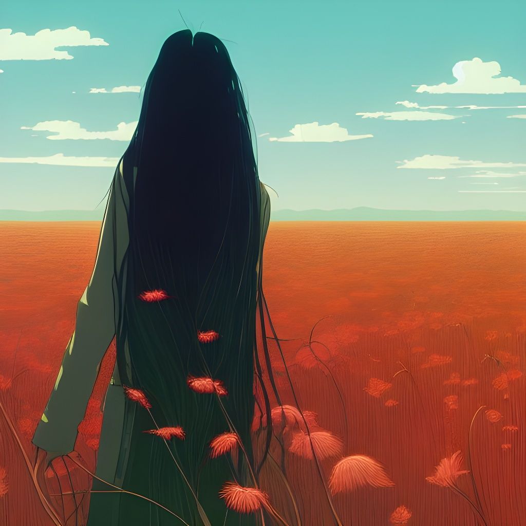 Woman in Lycoris Radiata Field, Cel-Shaded Illustration