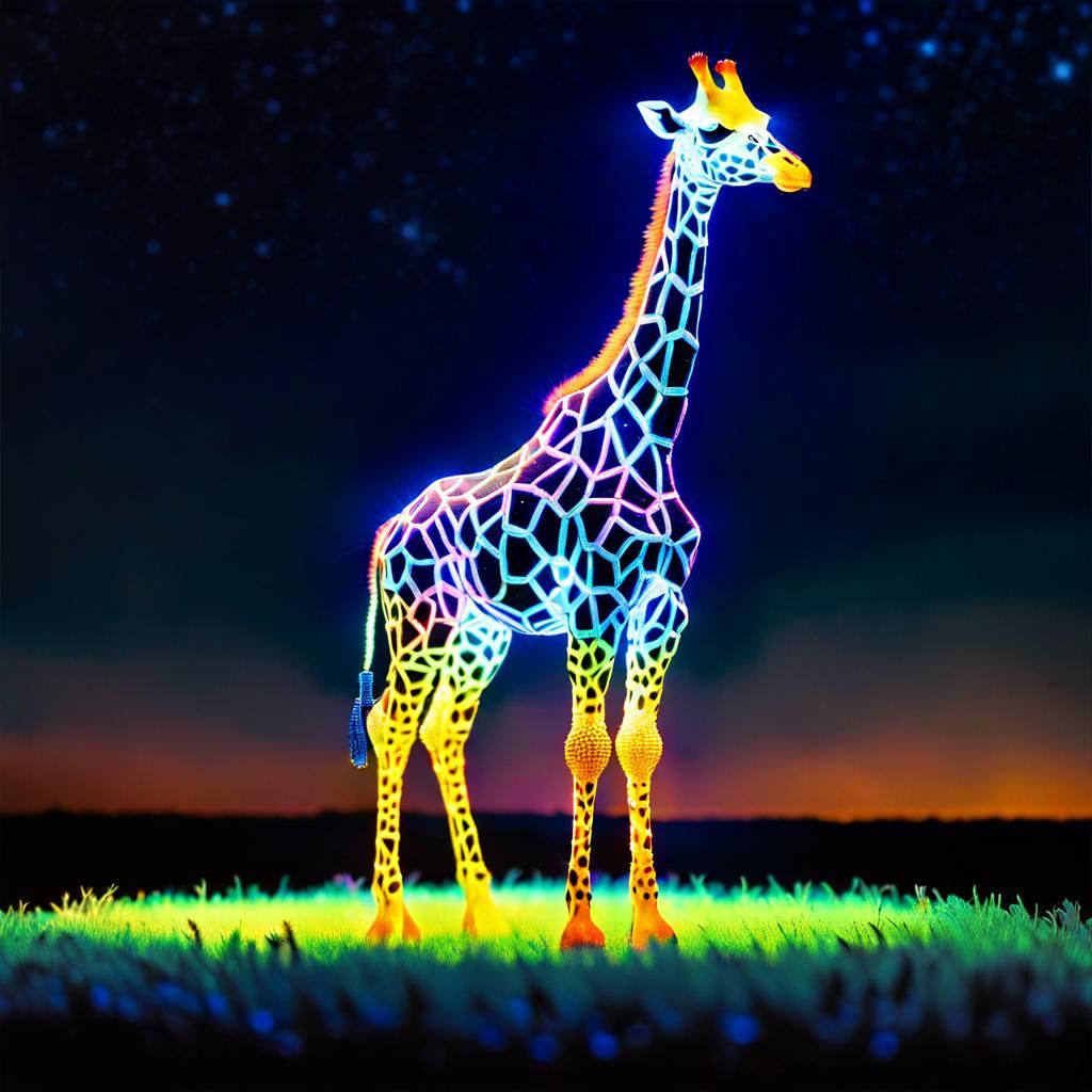 Glowing Giraffe in Surreal Night Landscape