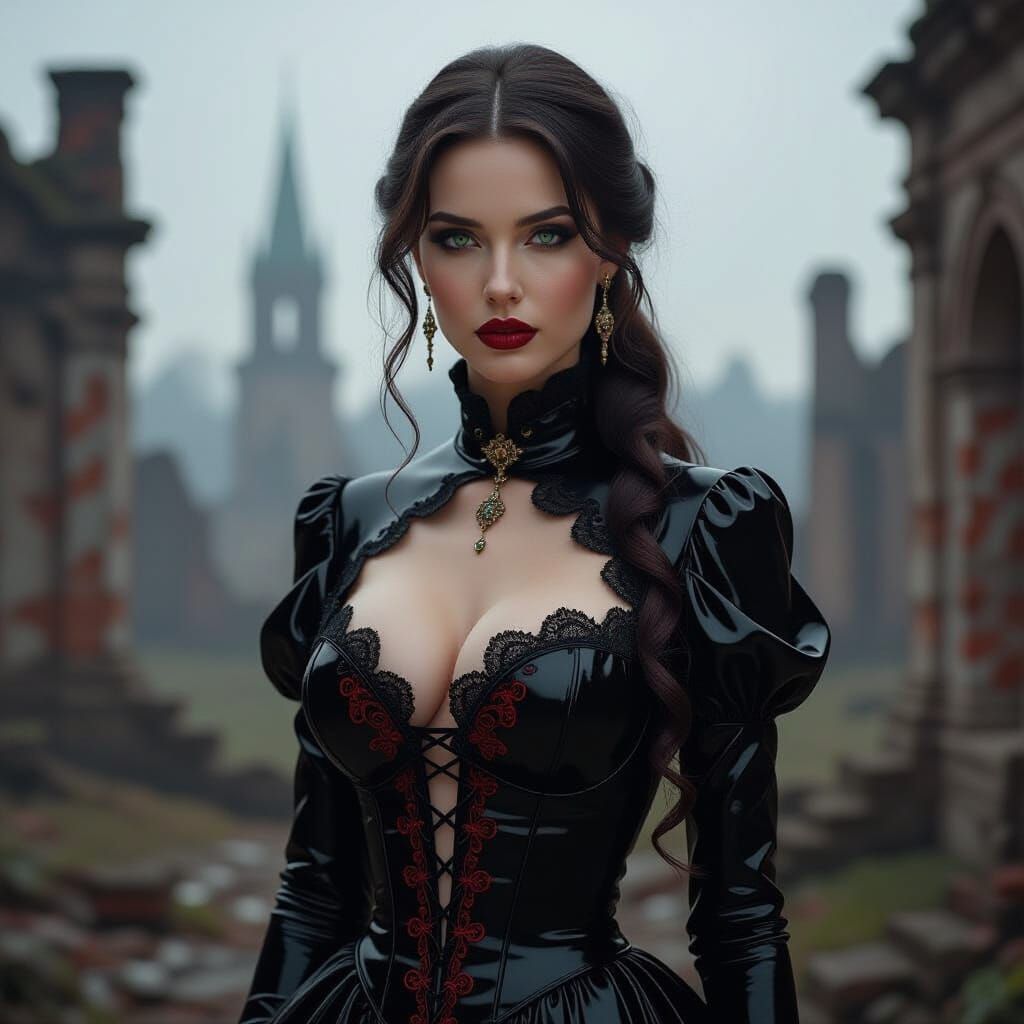 Mysterious Woman in Latex Gown Amidst Ruins