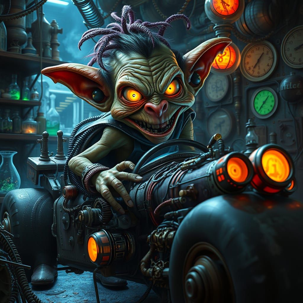 Steampunk Goblin Tinkering in Laboratory, Digital Art