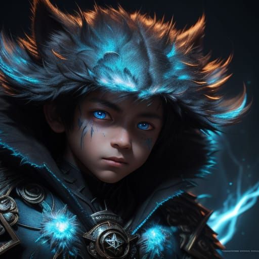 Child in Wolf's Fur with Glowing Eyes, Abstract Expressionis...