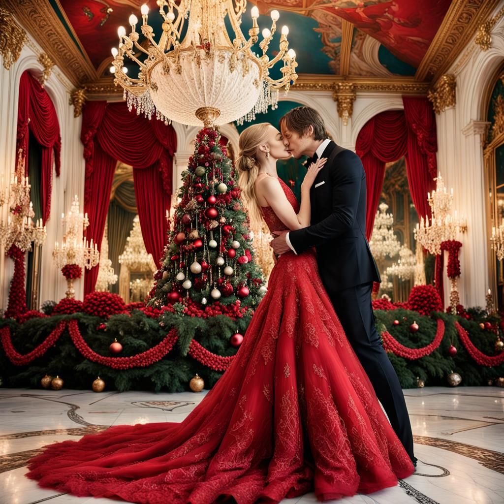 Romantic Christmas Ball Kiss in Hyperrealism