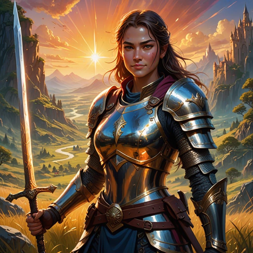 Smiling Female Warrior in Fantasy Landscape