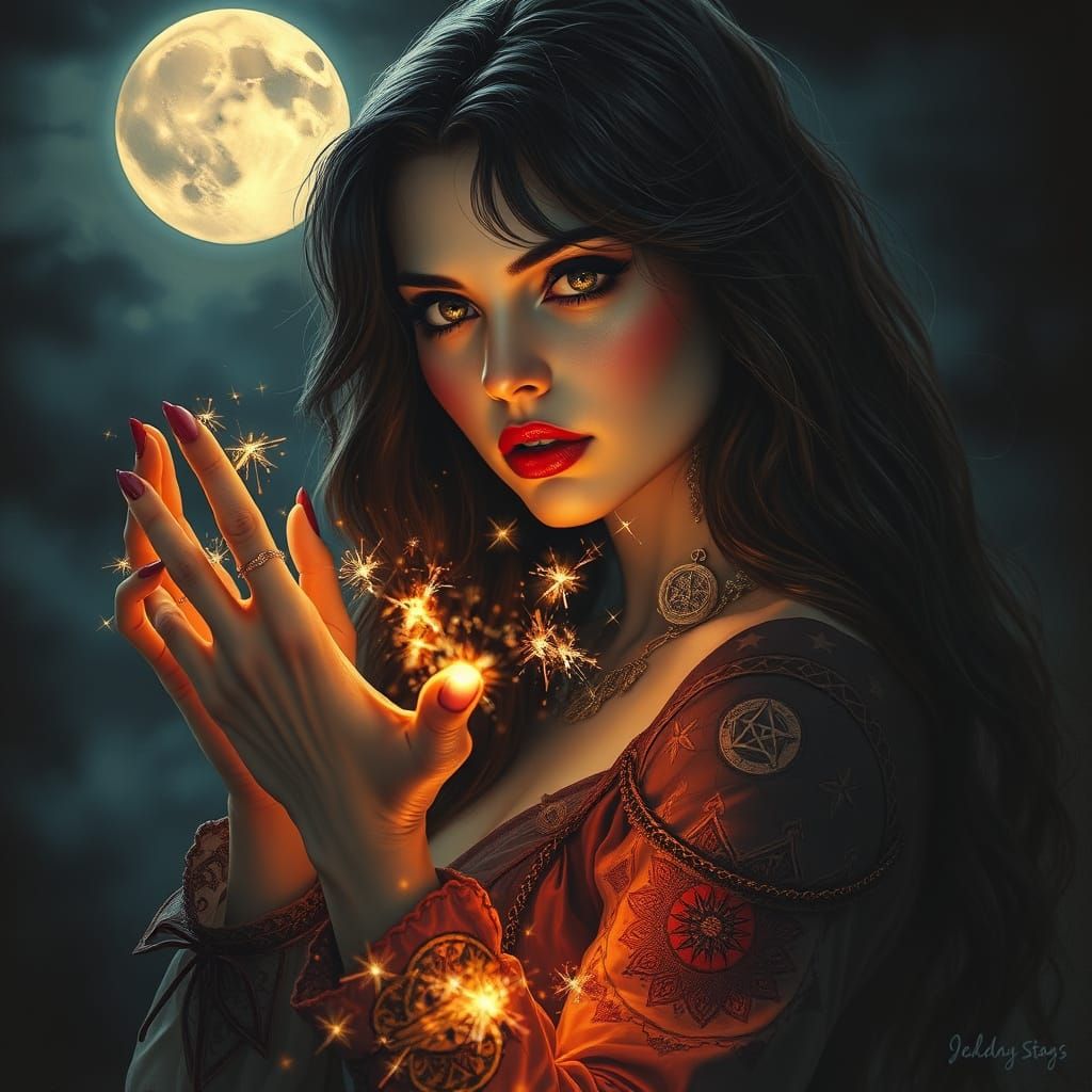 Mystical Woman in Dark Moonlit Night, Flickering Firelight, ...