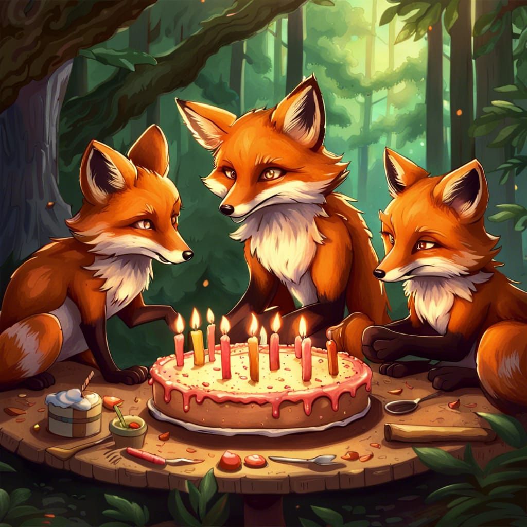 Anime Foxes Bake Birthday Cake in Forest