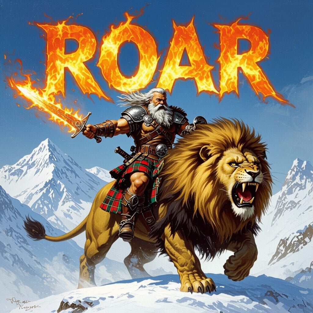 Scottish Warrior Rides Roaring Lion with Fiery Sword