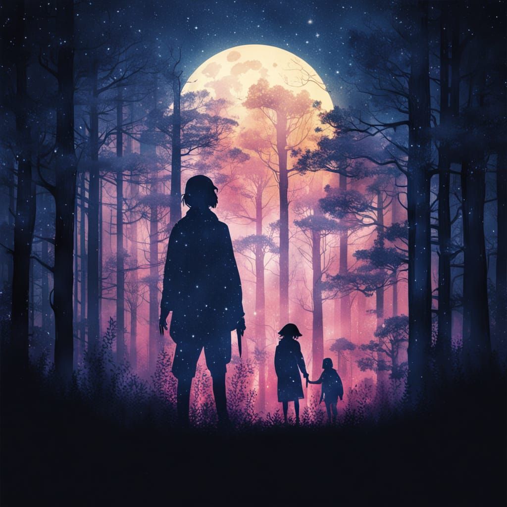 Starry Forest Silhouette in Anime Style