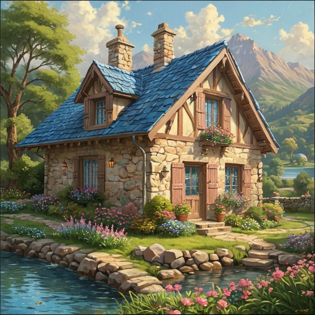Idyllic Cottage in Lush Garden, Oil Painting Style
