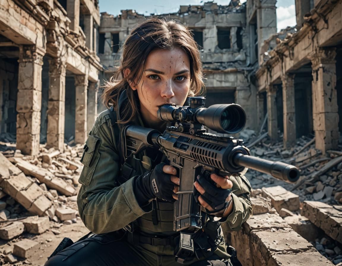 Futuristic Female Sniper in Building Ruins