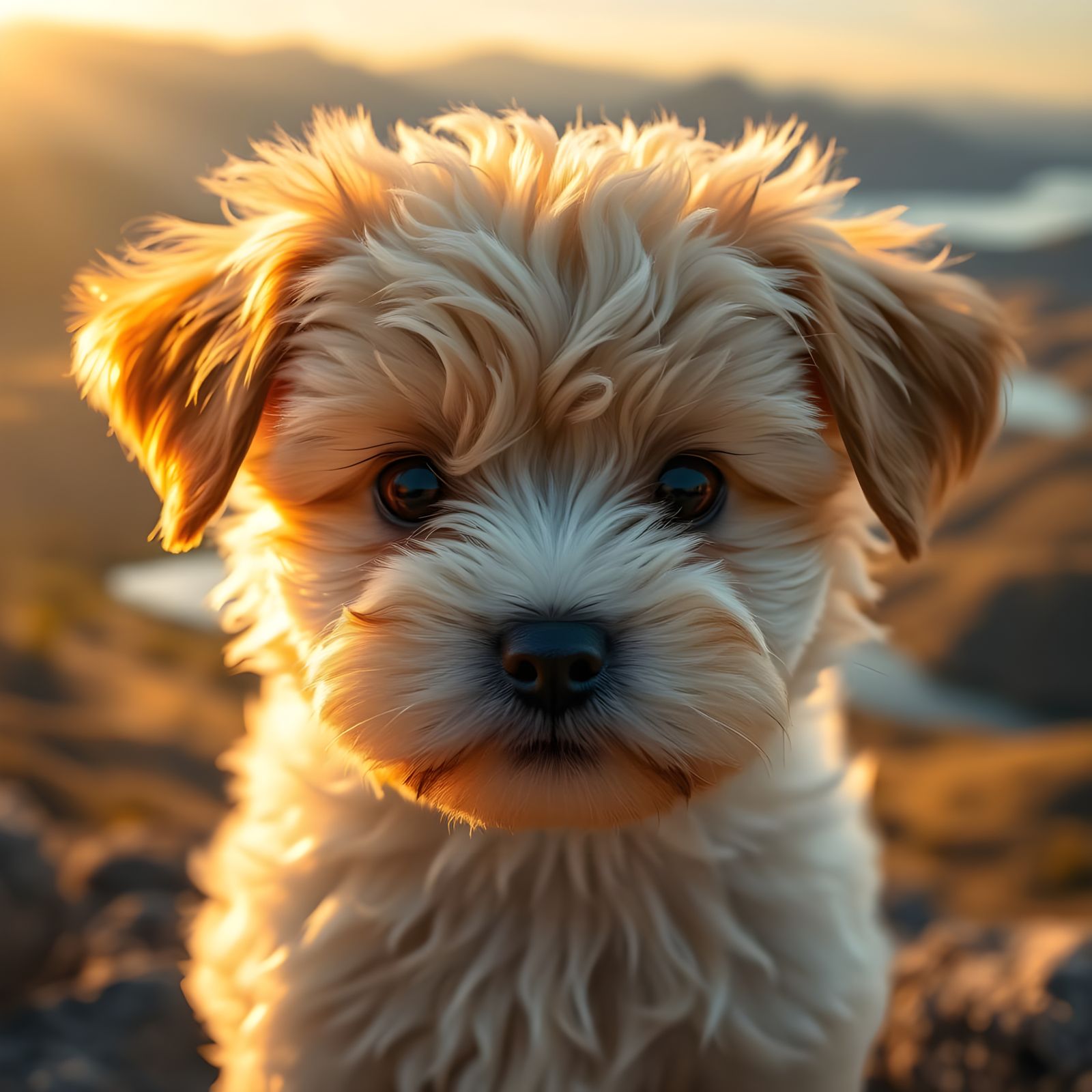 Hyperrealistic Portrait of a Maltipoo Puppy in Golden Hour