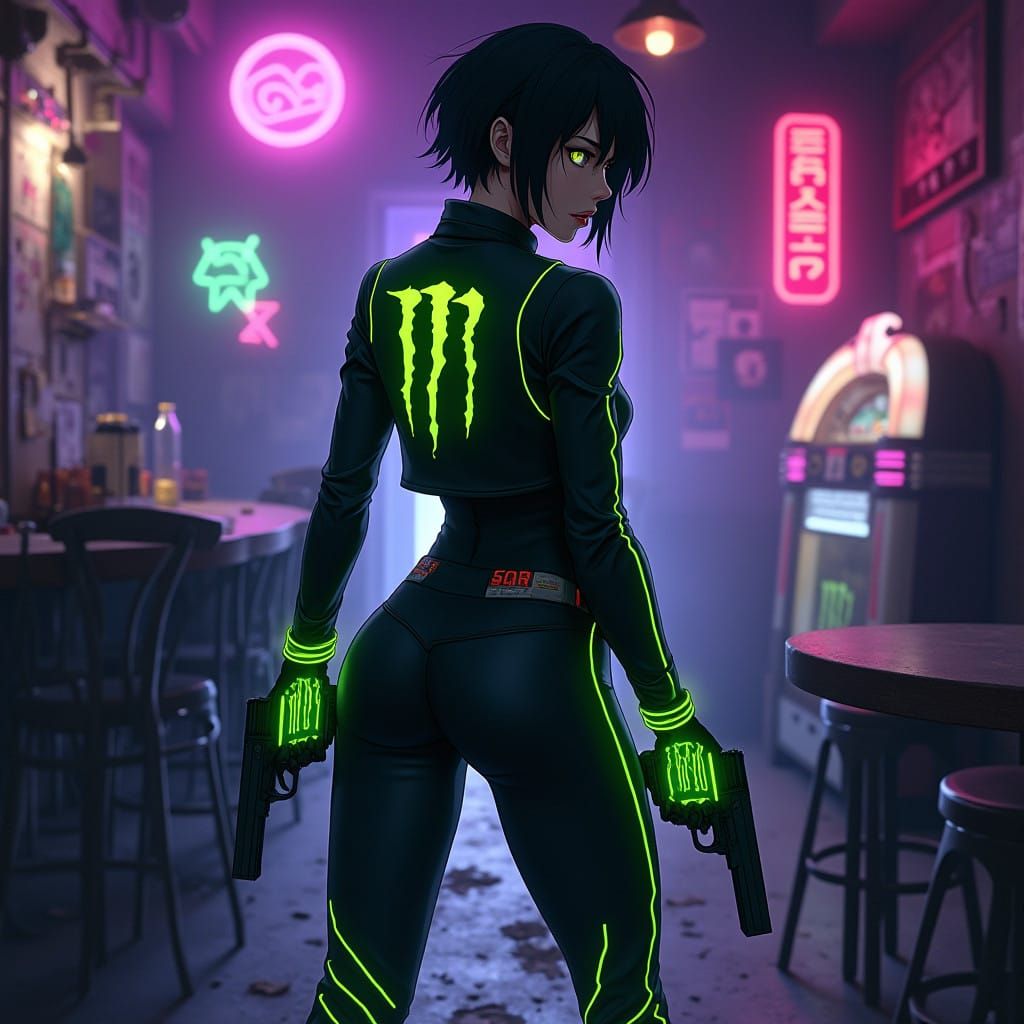 Anime-Style Female Mercenary in Neon-Lit Bar