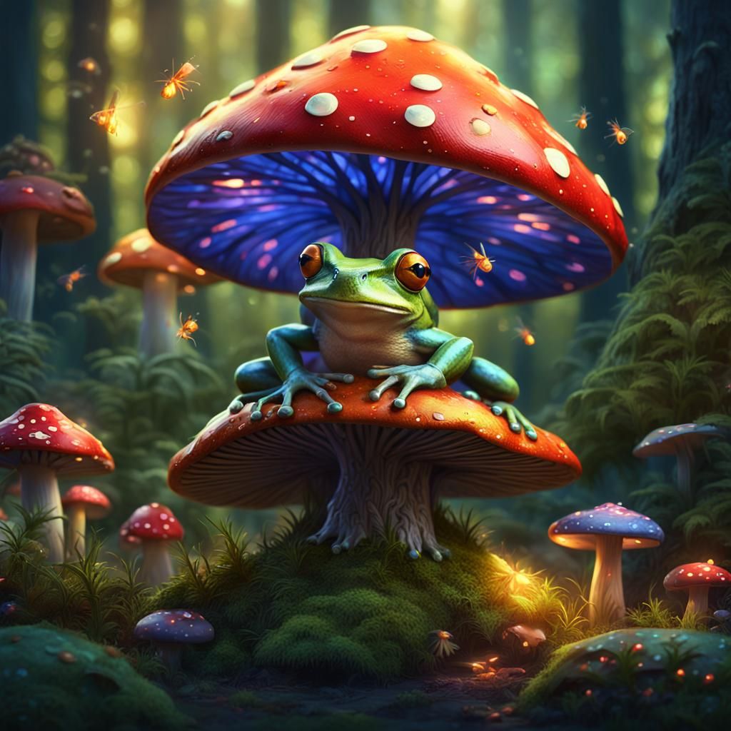 Colorful Frog in Whimsical Forest: Naïve Art