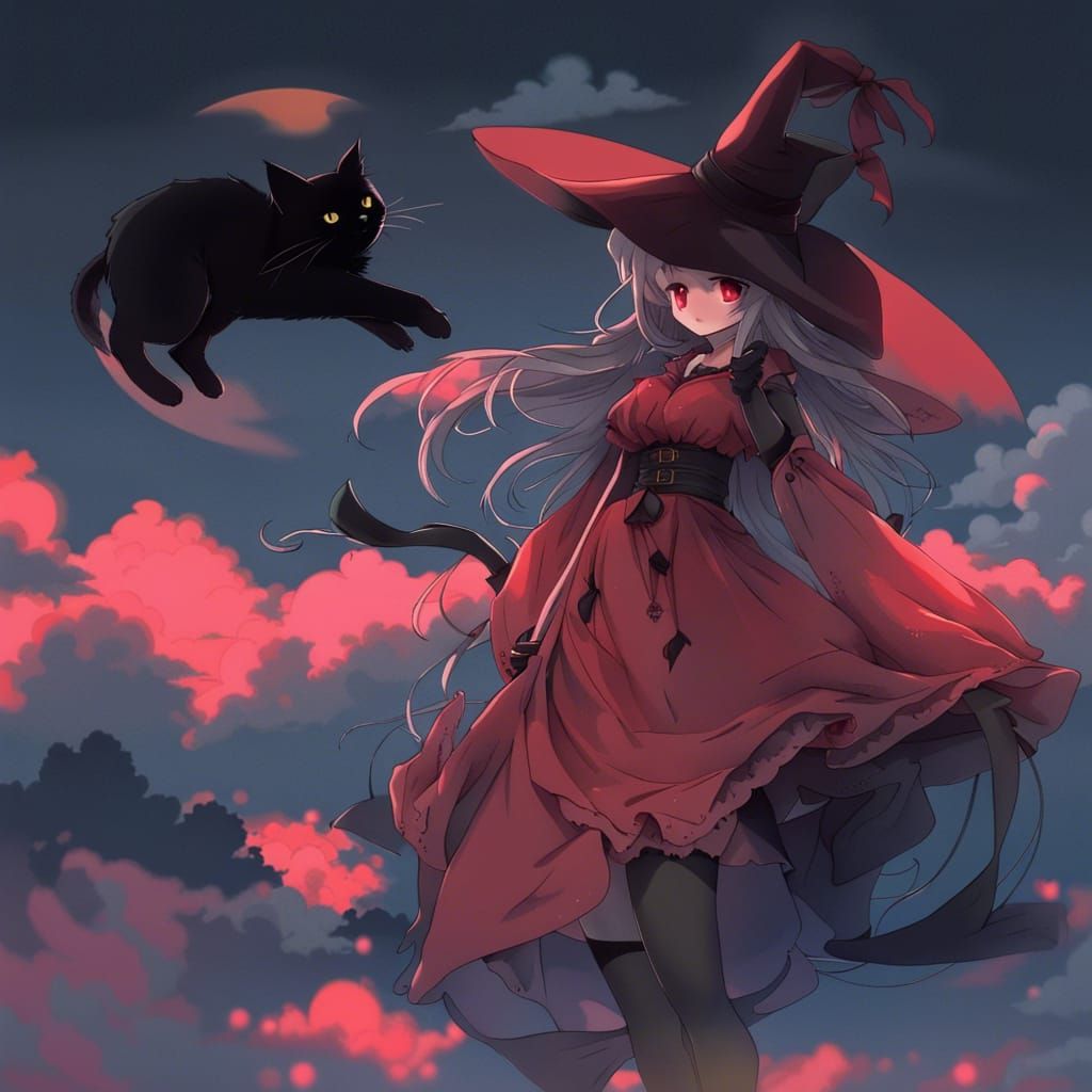 Anime Witch with Black Cat under Red Moon