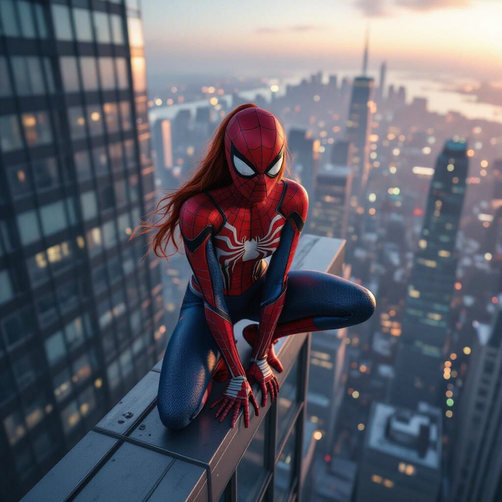 Lady Spiderman Poses on Skyscraper Rooftop