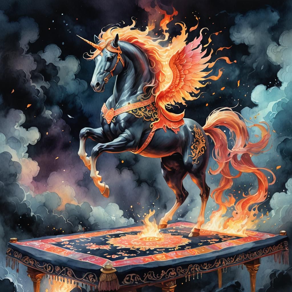 Flaming Pegasus on Flying Carpet Watercolor Painting