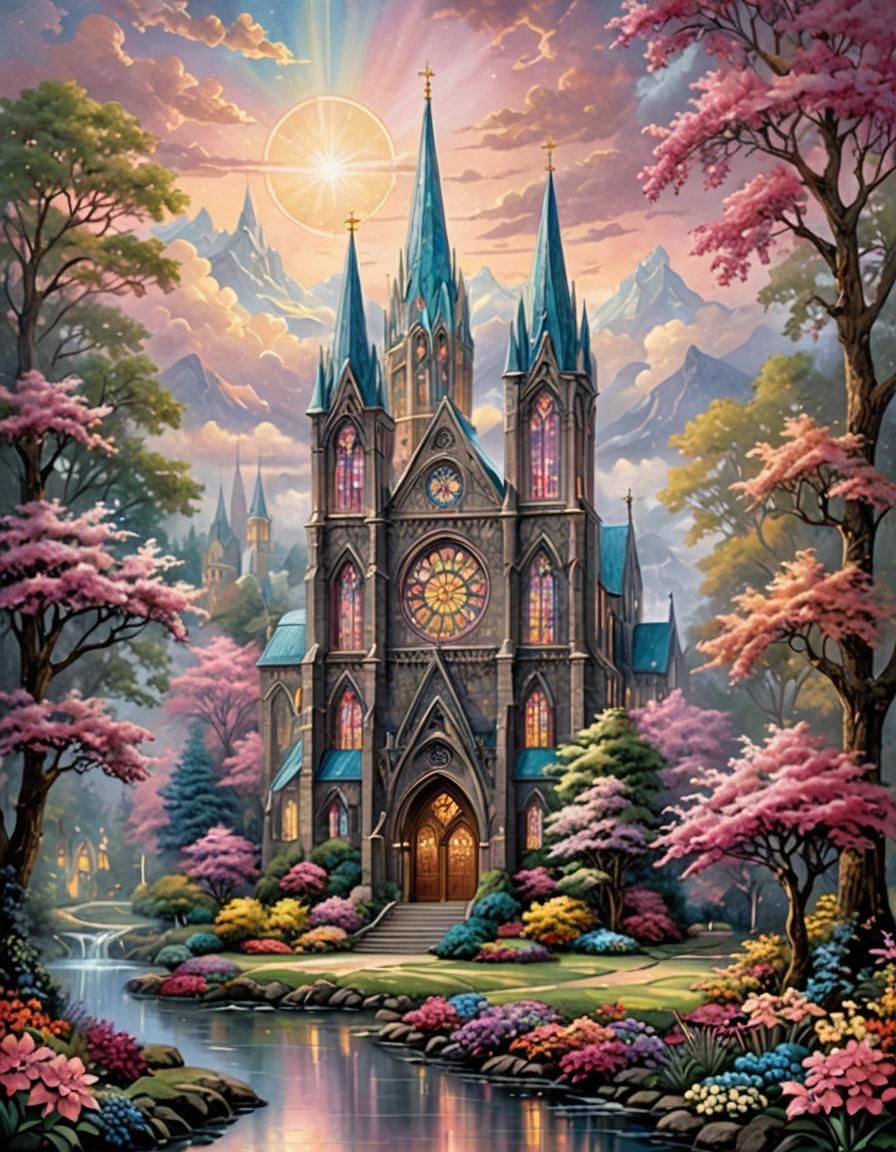 Vibrant Stained Glass Cathedral with Camellia Flower