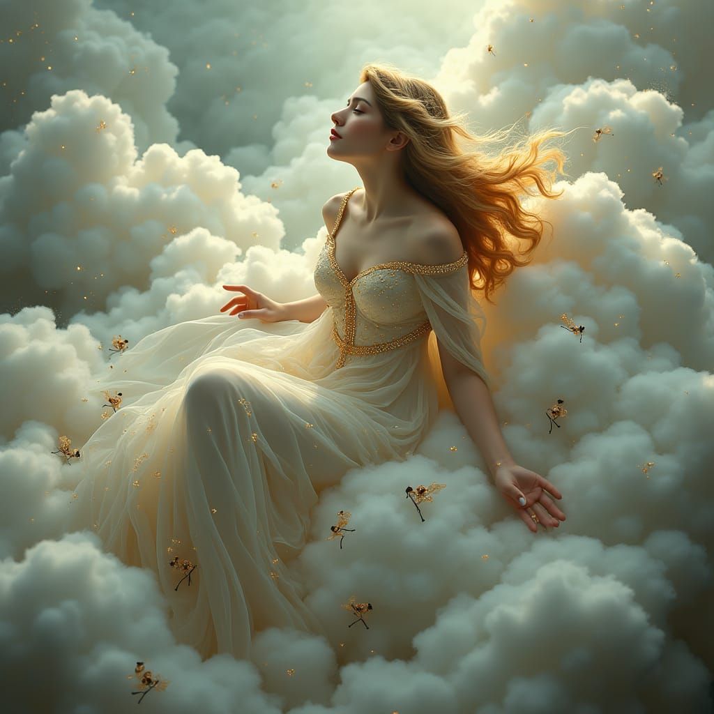 Serene Opera Singer on a Cloud in Art Nouveau Style